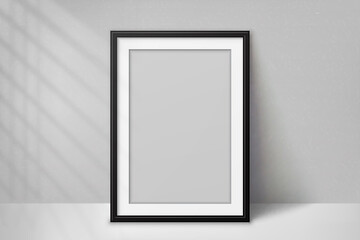 Mockup poster with shadow blinds from window. Mock up sheet paper. White empty blank. Vertical mockup. Light from window. Realistic reflected shadow on wall. Overlay effect. Shade jalousie. Vector