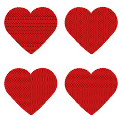 Vector illustration with hearts. Image of knitted hearts for Valentine's Day. Set of knitted hearts with different patterns