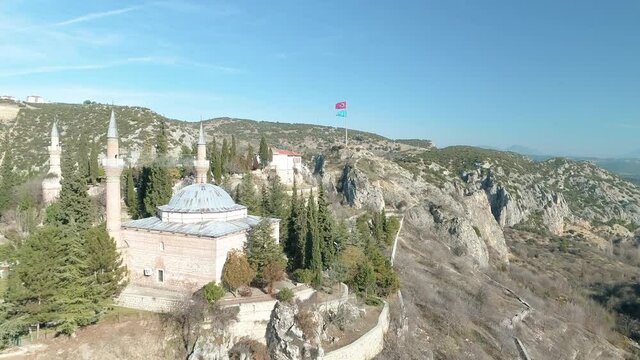 Aerial view of Orhan Gazi Mosque in Bilecik. 4K Footage in Turkey