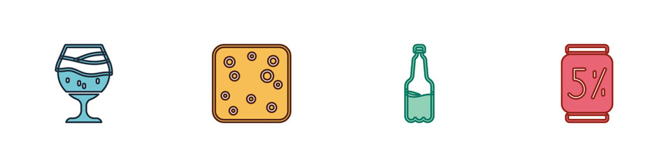 Set Glass of beer, Beer bubbles, Plastic bottle and can icon. Vector.