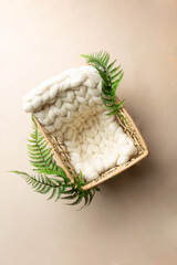 the wooden bucket is decorated with fern. props for a photo shoot of newborns. eucalyptus branch. background for a photo shoot. furniture for dolls