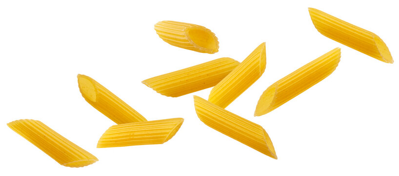 Falling italian penne rigate pasta isolated on white background