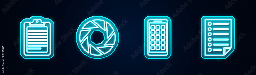 Poster set line clipboard with document, camera shutter, mobile apps and document. glowing neon icon. vecto