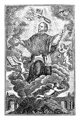 Saint John Nepomucene or of Nepomuk. Antique vintage christian religious engraving or drawing illustration.