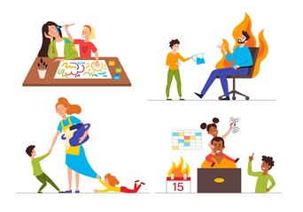 Family communication problems. Parental burnout concept. Scenes with exhausted, tired, unhappy parents and kids seeking attention. Set of flat cartoon vector illustrations isolated on white background