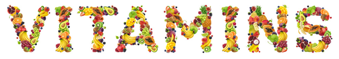 Word VITAMINS made of different fruits and berries