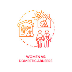 Women vs domestic abusers red gradient concept icon. Gun violence. Life risk. Hate crime. Weapon control for civilian safety idea thin line illustration. Vector isolated outline RGB color drawing