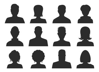 Avatar faceless black female, male icons set. Women, men, girls, guys, boys silhouette.