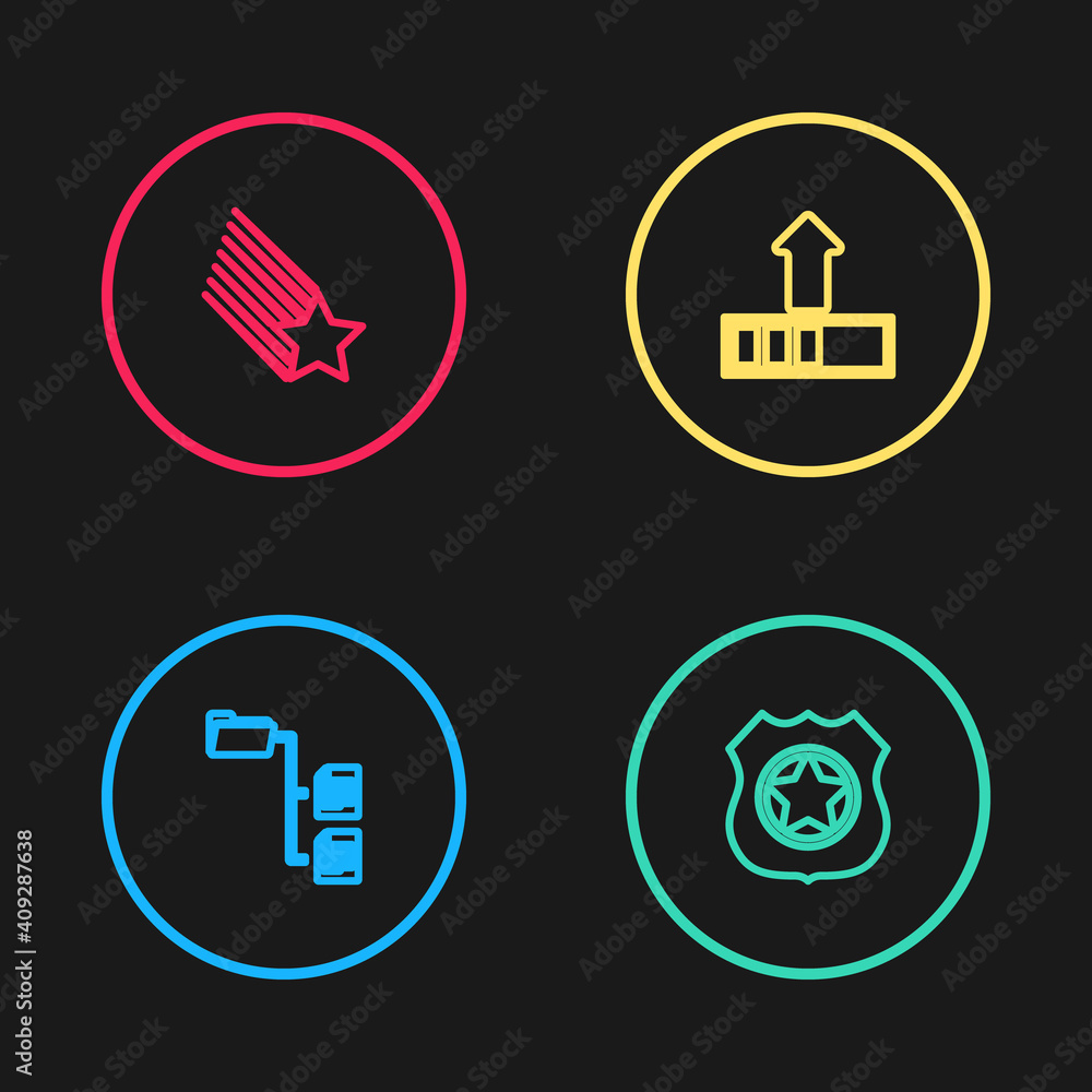 Poster set line folder tree, police badge, loading and falling star icon. vector.