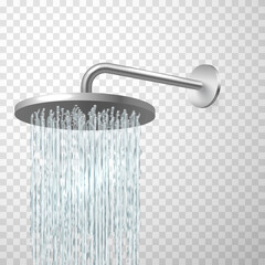 Rain shower head attached to wall. Running jets, streams, water flows, in bathroom. Showerhead.