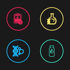 Set line Genetic engineering, Medical vial, ampoule, DNA research, search and Clipboard with blood test icon. Vector.