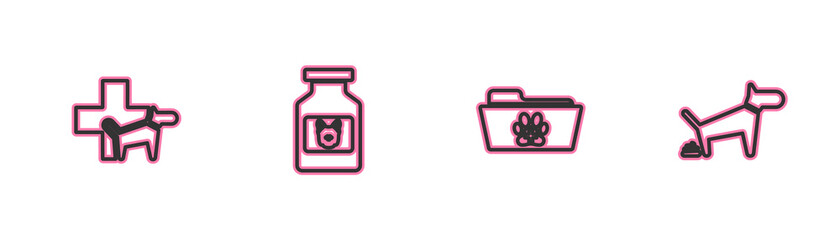 Set line Veterinary clinic, Medical veterinary record folder, Dog medicine bottle and pooping icon. Vector.