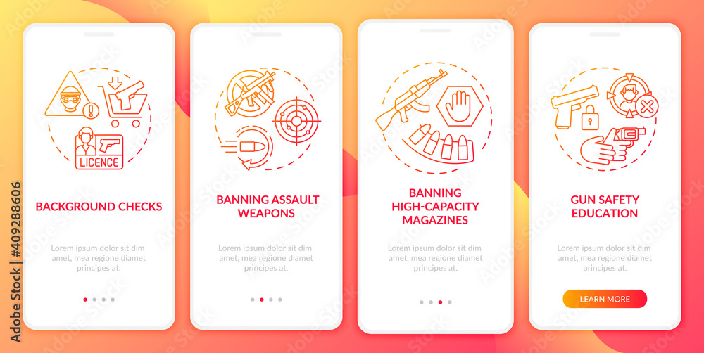 Poster gun safety guidelines red onboarding mobile app page screen with concepts. weapon control and regula