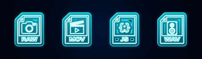 Set line RAW file document, MOV, JS and WAV. Glowing neon icon. Vector.