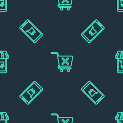 Set line Remove shopping cart, Mobile and and on seamless pattern. Vector.