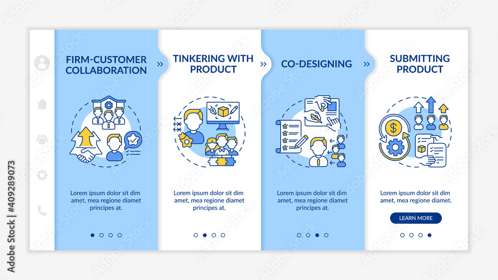 Poster collaborative creation types onboarding vector template. firm-customer collaboration. co-designing. 