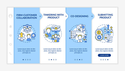 Collaborative creation types onboarding vector template. Firm-customer collaboration. Co-designing. Responsive mobile website with icons. Webpage walkthrough step screens. RGB color concept