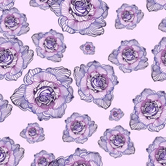 Vector seamless pattern with outline stylized roses. Cute floral background. Can be used for textile, wallpaper, cover, packaging.