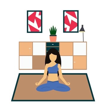 
Relaxation and meditation 
lotus position girl doing yoga at home. Flat yoga design illustration.