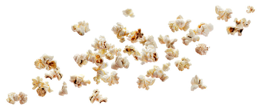 Falling popcorn isolated on white background