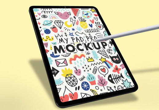 One Tablet Pro for Software UX Mockup and App Design with a Pencil in a Yellow Background