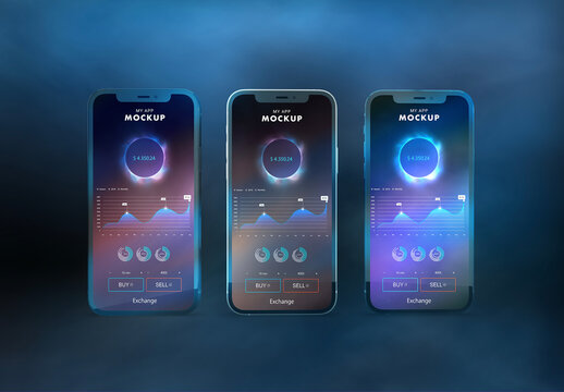 Three Smartphones Pro App Mockup in Dark Mode