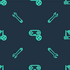 Set line Gamepad service, Wrench and Router wi-fi with on seamless pattern. Vector.