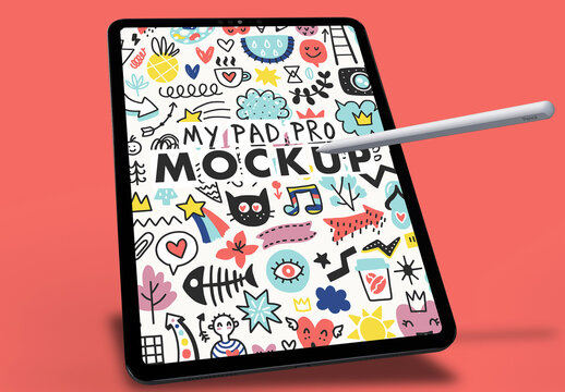 One Tablet Pro Mockup for App Design with Digital Pencil on a Old Pink Background