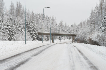 Snowy road. Concept, attention danger on the road