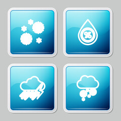 Set line Snow, Water drop percentage, Cloud with rain and lightning and snow icon. Vector.