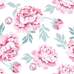 Pink peony flowers with leaves and buds on white background. Seamless pattern.