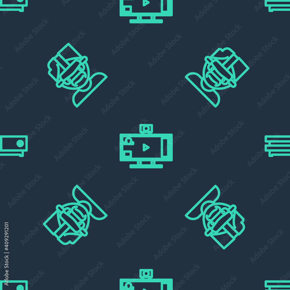 Poster set line live streaming online, virtual reality glasses and video game console on seamless pattern. 