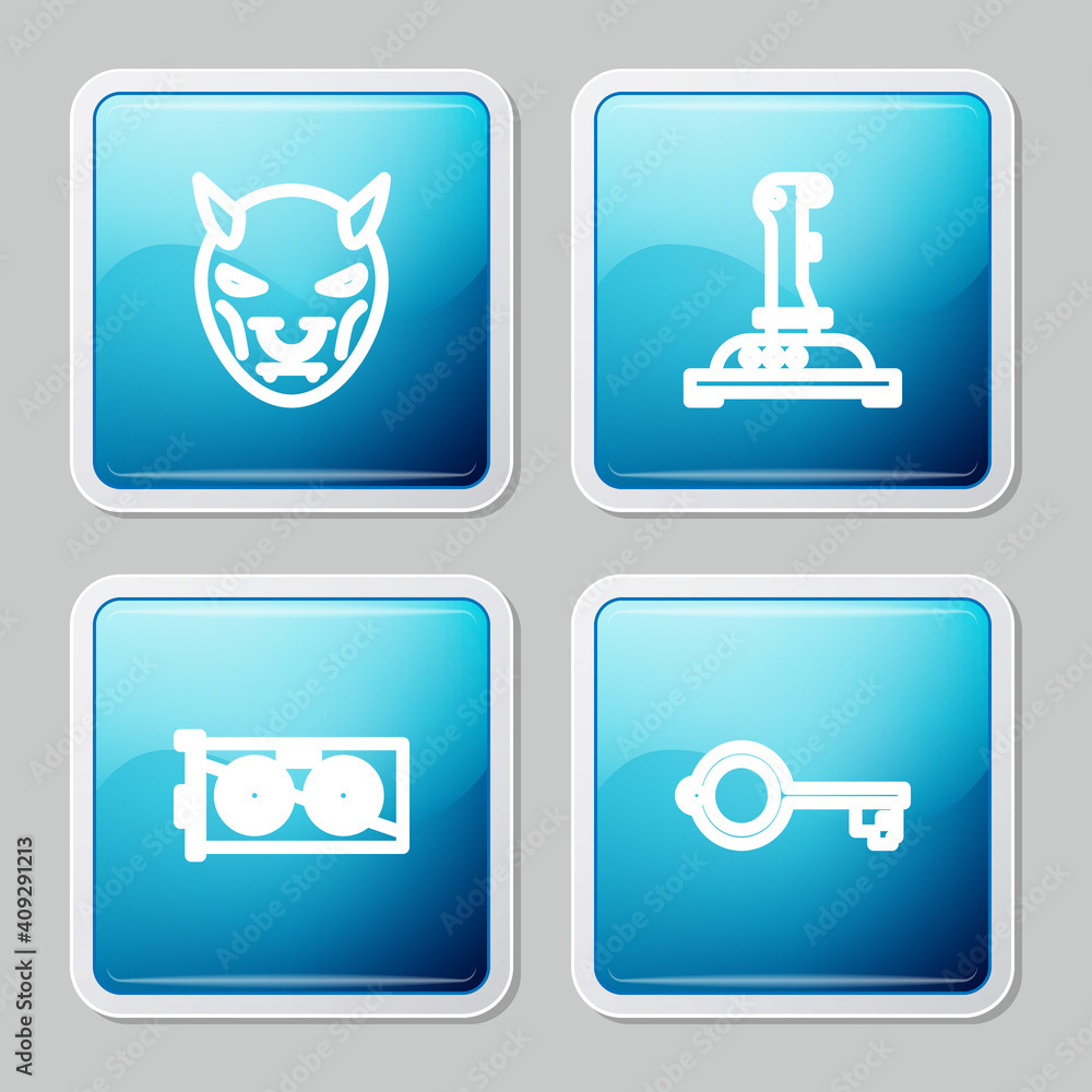 Poster set line mask of the devil with horns, joystick for arcade machine, video graphic card and ancient k