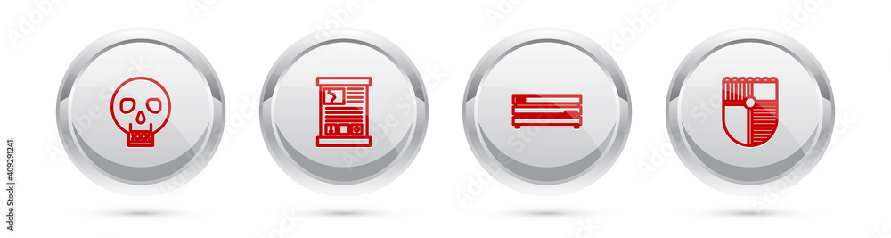 Poster set line skull, game guide, video game console and shield for. silver circle button. vector.