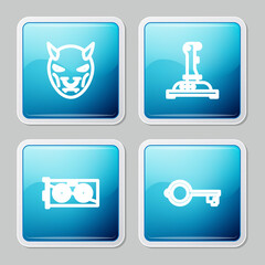 Set line Mask of the devil with horns, Joystick for arcade machine, Video graphic card and Ancient key game icon. Vector.