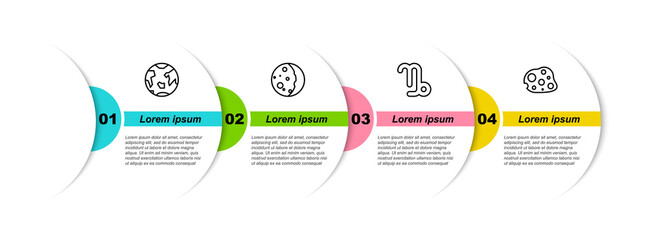 Set line Planet Earth, Eclipse of the sun, Capricorn zodiac and Asteroid. Business infographic template. Vector.