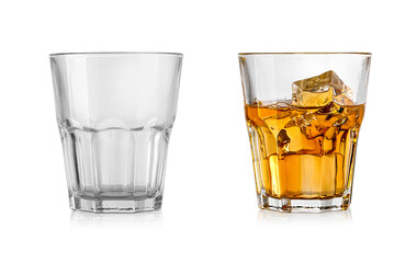 Empty and full whiskey glass isolated