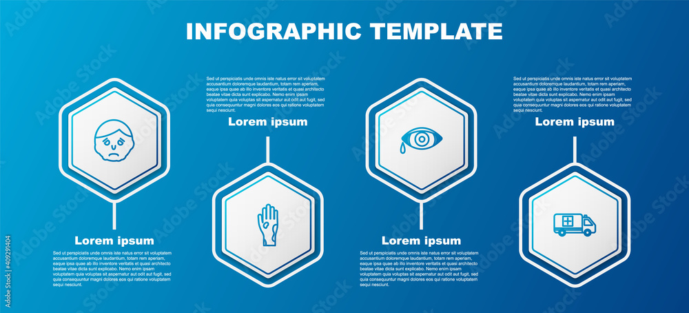 Sticker Set line Inflammation on face, Hand with psoriasis or eczema, Reddish eye allergic conjunctivitis and Emergency car. Business infographic template. Vector.