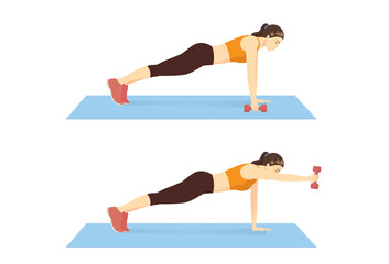 Woman doing Exercise with dumbbell Plank Front Raise posture on mat for reduce Abdominal and arm. Cartoon Illustration about workout diagram.