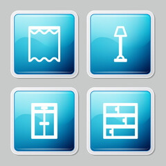 Set line Curtains, Floor lamp, Wardrobe and Shelf icon. Vector.