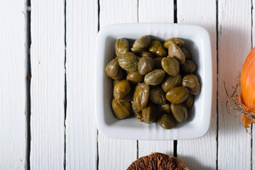 mediterranean food ingredients on white wooden
