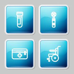Set line Test tube with blood, Electric toothbrush, First aid kit and Wheelchair for disabled person icon. Vector.