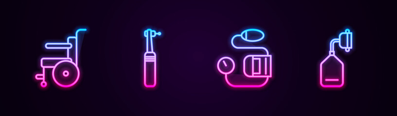 Set line Wheelchair for disabled person, Tooth drill, Blood pressure and Medical oxygen mask. Glowing neon icon. Vector.