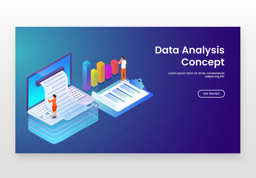 Isometric View of Business People Maintains or Analysis Data with Laptop and Bar Graph for Data Analysis Concept Based Landing Page