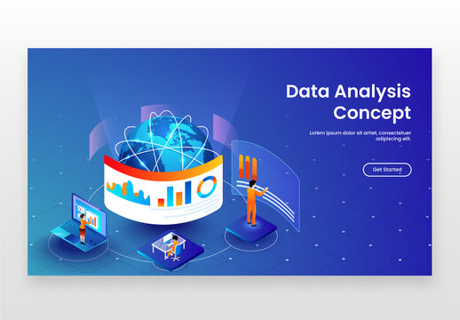 Isometric Illustration of Business People Analysis Data with Global Networking for Data Analysis Concept Based Landing Page
