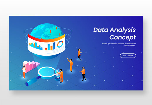 Global Data Analysis Concept Based Landing Page with Business People Analysis the Data on Blue Background