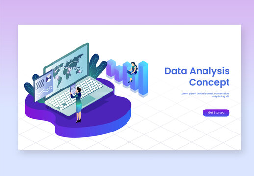 Data Analysis Concept Based Landing Page with World Map in Laptop, Working Women Analysis Stats and 3D Bar Graph