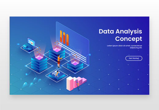 Data Analysis Concept Based Landing Page with Isometric Business People Maintain Data Servers or Analyze Stats on Blue Background