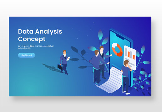 Data Analysis Concept Based Landing Page with Isometric Business People or Analysts Analysis the Data in Smartphone and Leaves Branch