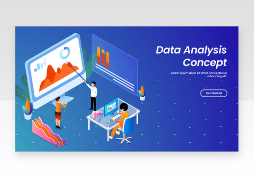 Data Analysis Concept Based Landing Page with Business People Presenting Online Info-Graphic in Desktop at Workplace